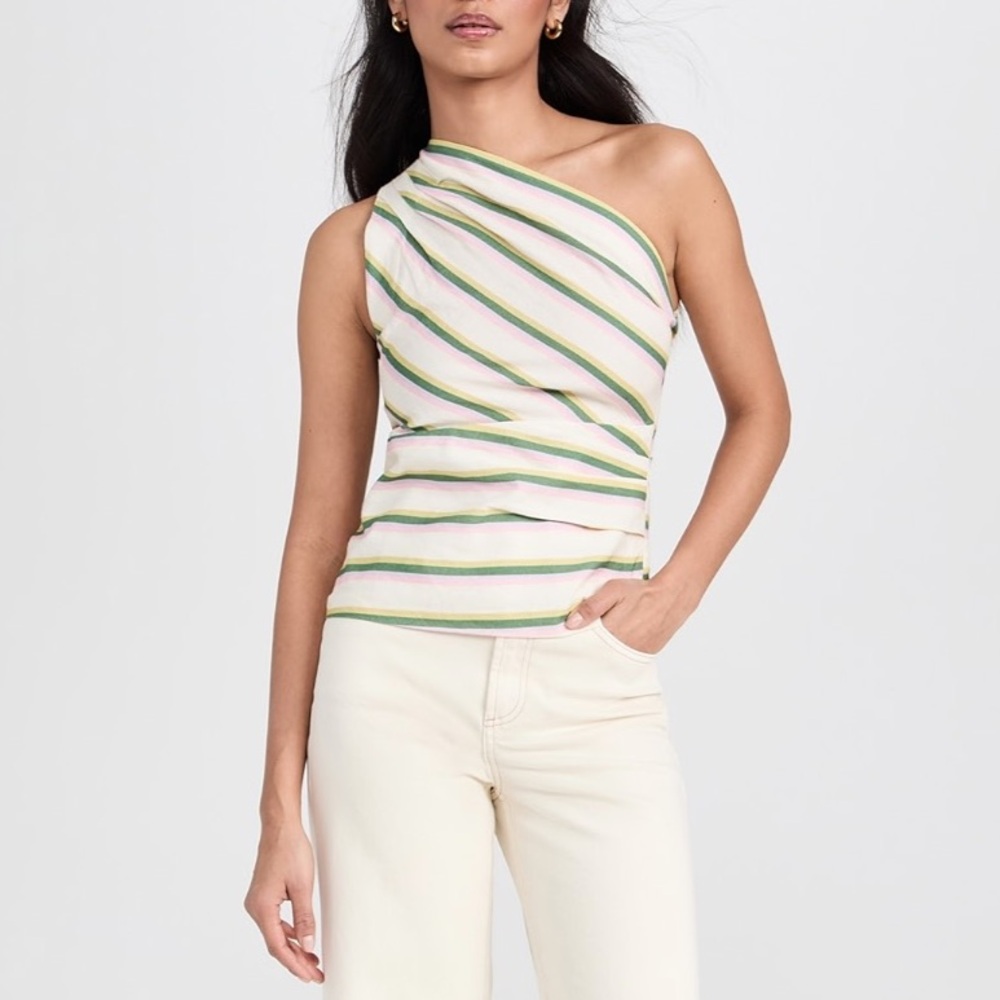 CHUFY Okra Top - One-Shoulder Striped Top - Green, Yellow, White